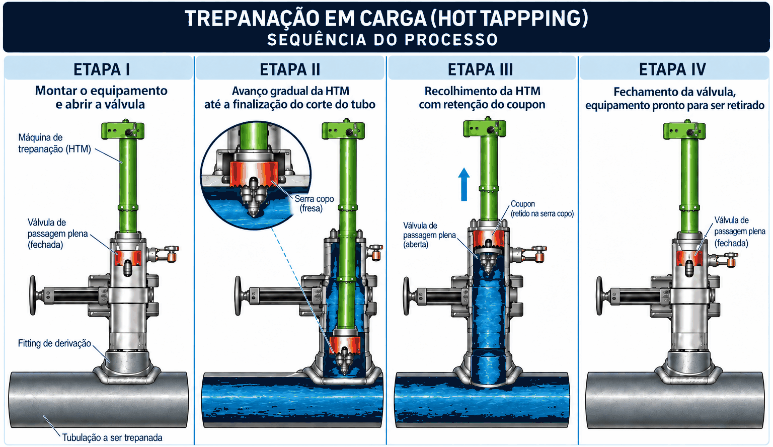 Sequência do processo de Hot Tapping (trepanação em carga): montagem do equipamento, avanço da máquina, recolhimento com retenção do coupon e fechamento da válvula